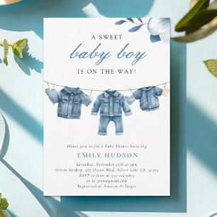 Blue Jean Denim Clothes Boy Shower Inbjudningar