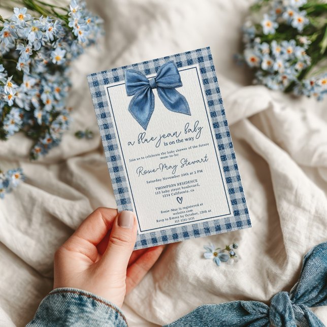 Blue Jean Denim Coquette Bow Gingham Baby Shower Inbjudningar (Blue Jean Denim Coquette Bow Gingham Baby Shower Invitation)