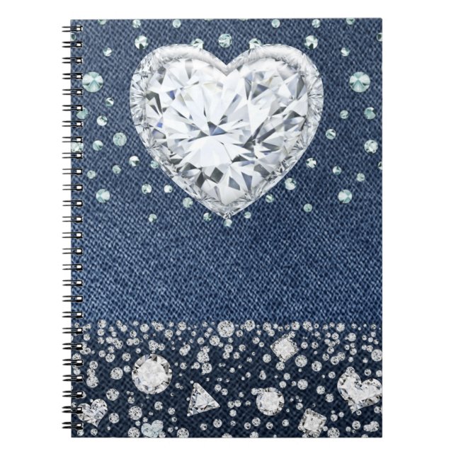 Blue Jean Denim & Diamonds Bling Diamond Heart Anteckningsbok (Framsidan)