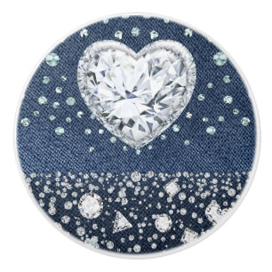 Blue Jean Denim & Diamonds Bling Diamond Heart Knopp