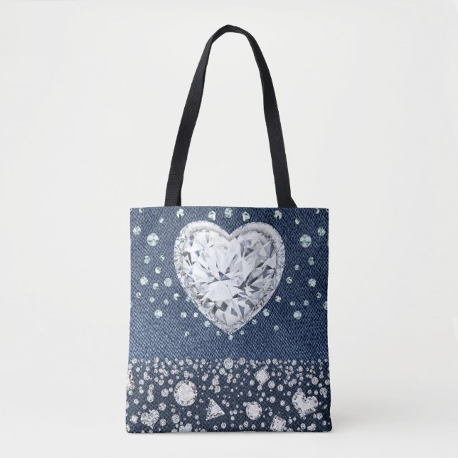 Blue Jean Denim & Diamonds Bling Diamond Heart Tygkasse (Framsida)
