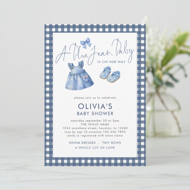 Blue Jean Denim Girl Gingham Baby Shower  Inbjudningar (Stående Fram)