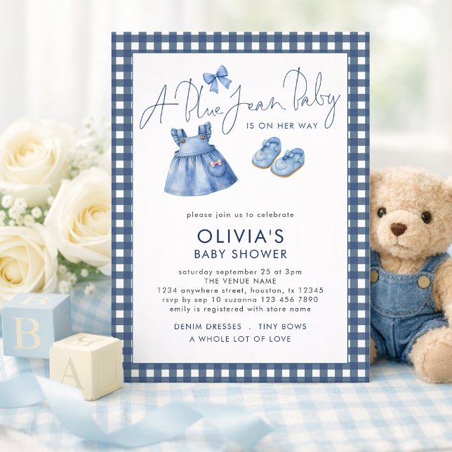 Blue Jean Denim Girl Gingham Baby Shower  Inbjudningar (Skapare uppladdad)