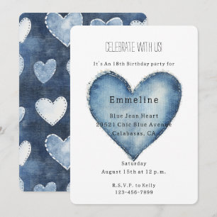 Blue Jean Denim Heart Birthday Inbjudningar