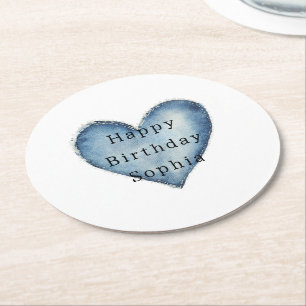 Blue Jean Denim Heart Birthday Underlägg Papper Rund