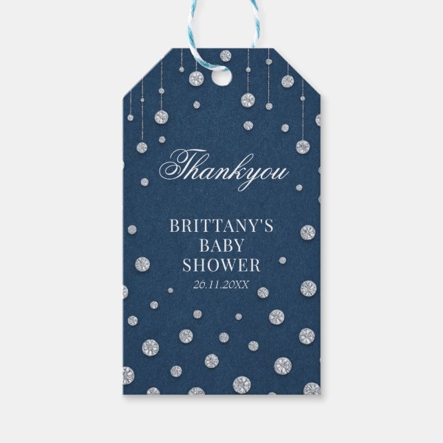 Blue Jean Denim och Diamond Baby Shower Presentetikett (Framsidan)