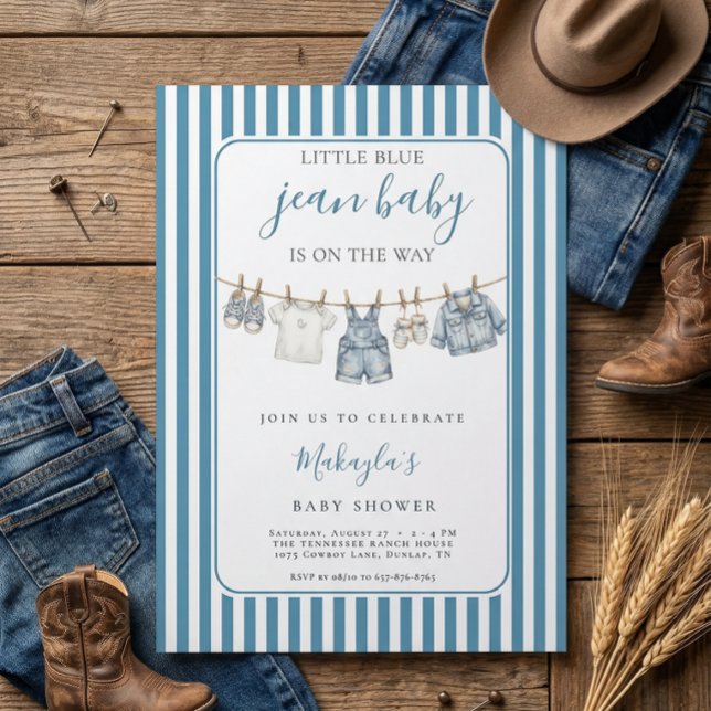 Blue Jean Denim Rustic Boy Baby Shower Invitation Inbjudningar (Skapare uppladdad)