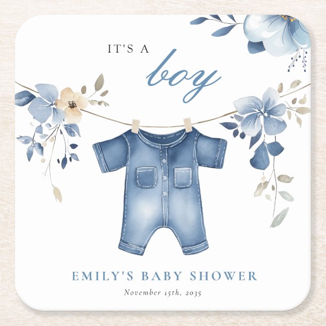 Blue Jean Denim Sweet Boy Shower Underlägg Papper Kvadrat (Framsidan)