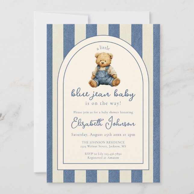 Blue Jean Denim Teddy Bear QR Code Baby Shower Inbjudningar (Framsida)