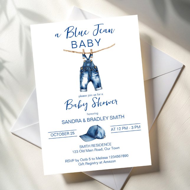 Blue jean Det är en pojkbabydusch Inbjudningar (Blue jean It's a boy baby shower Invitation cards template minimalist denim baby shower invites)