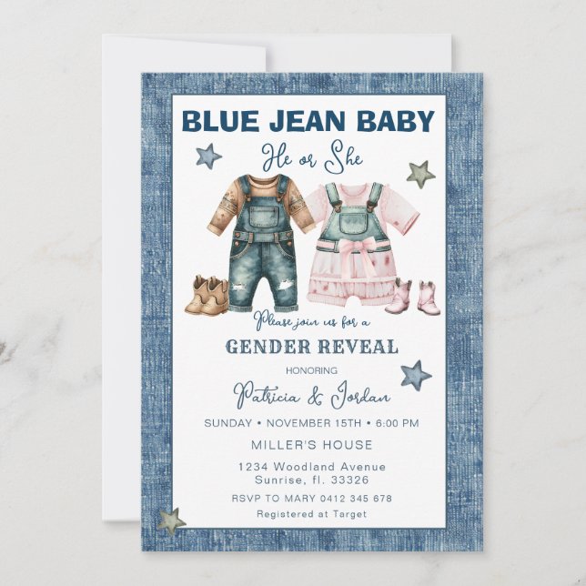 Blue Jean Gender Reveal, He or She  Inbjudningar (Framsida)