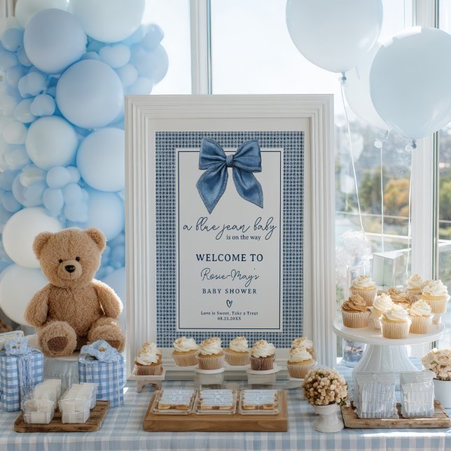 Blue Jean Gingham Coquette Bow Baby Shower Välkomm Poster (Blue Jean Gingham Coquette Bow Baby Shower Welcome Poster)