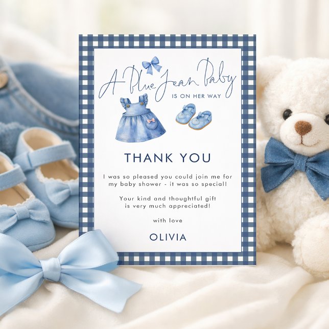Blue Jean Gingham Thank You Girl Baby Shower  Kort (Skapare uppladdad)