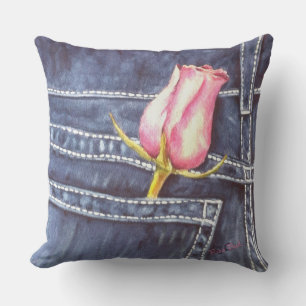 BLUE JEAN POCKET MED ROSA ROS BUD FLOWER PATIO KUDDE