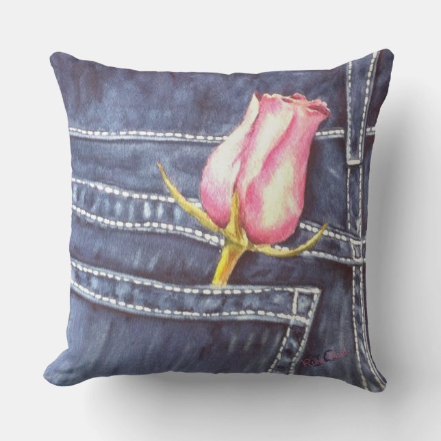 BLUE JEAN POCKET MED ROSA ROS BUD FLOWER PATIO KUDDE (Framsida)