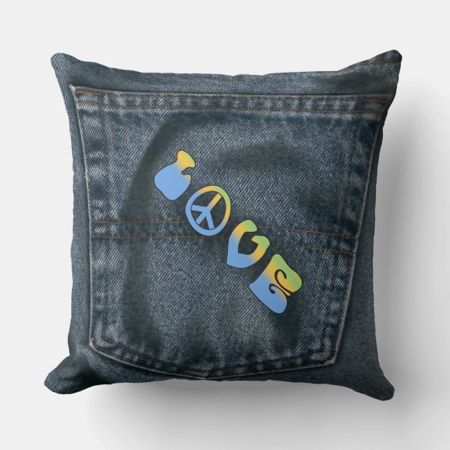 Blue Jean Pocket Peace och Kärlek Pillow Kudde (Framsida)