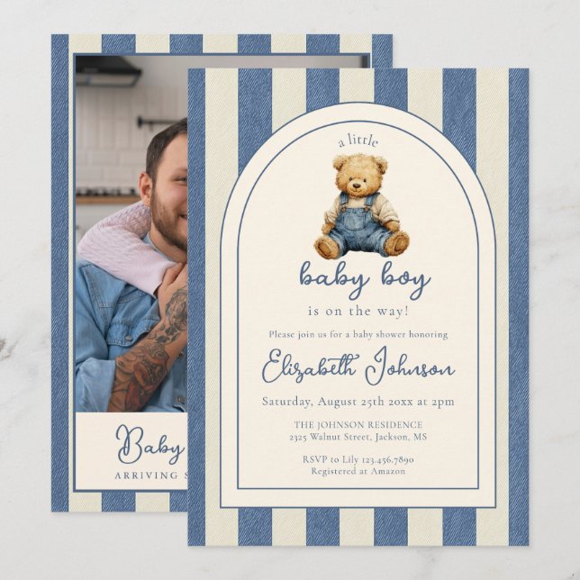 Blue Jean Teddy Bear Photo QR Code Boy Baby Shower Inbjudningar (Fram/baksida)