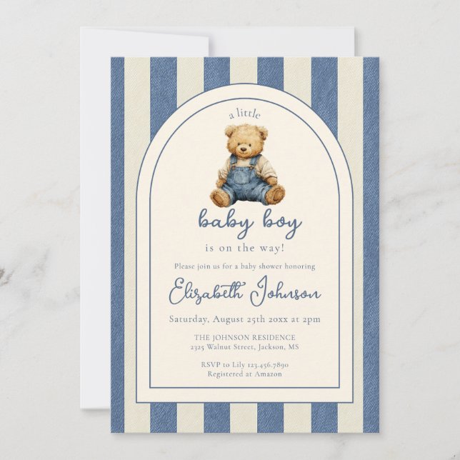 Blue Jean Teddy Bear QR Code Boy Baby Shower Inbjudningar (Framsida)