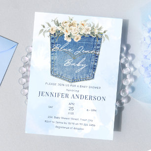 Blue Jeans Baby Shower Denim Land Blommigt Inbjudningar
