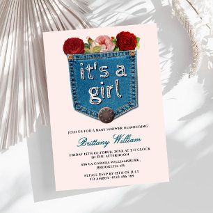 Blue Jeans Blommigt Det är en flicka Baby Shower Inbjudningar