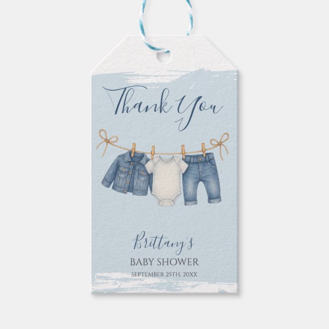 Blue Jeans Boy Baby Shower Baby Outfit Presentetikett (Framsidan)