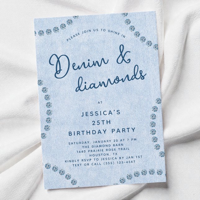 Blue Jeans Denim och Diamonds 25:e Födelsedagsfest Inbjudningar (Blue Jeans Denim and Diamonds 25th Birthday Party Invitation)