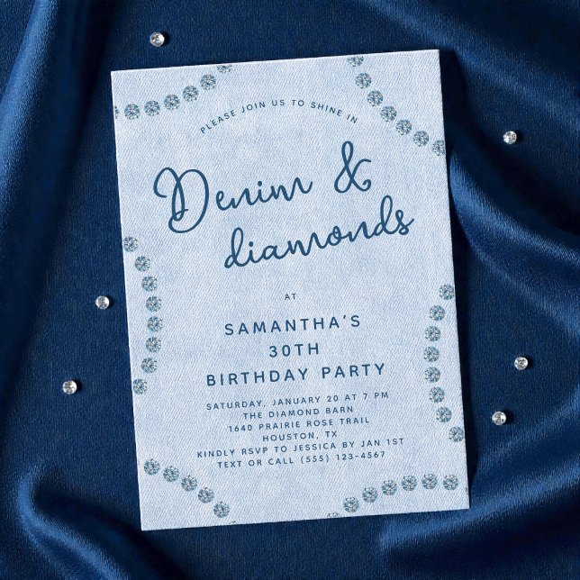 Blue Jeans Denim och Diamonds 30års födelsedag Par Inbjudningar (Blue Jeans Denim and Diamonds 30th Birthday Party Invitation)