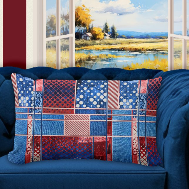 Blue Jeans Patchwork Quilt Mönster Pillow Lumbarkudde (Pillow featuring a modern abstract quilt patchwork pattern design in red white and blue with jeans)