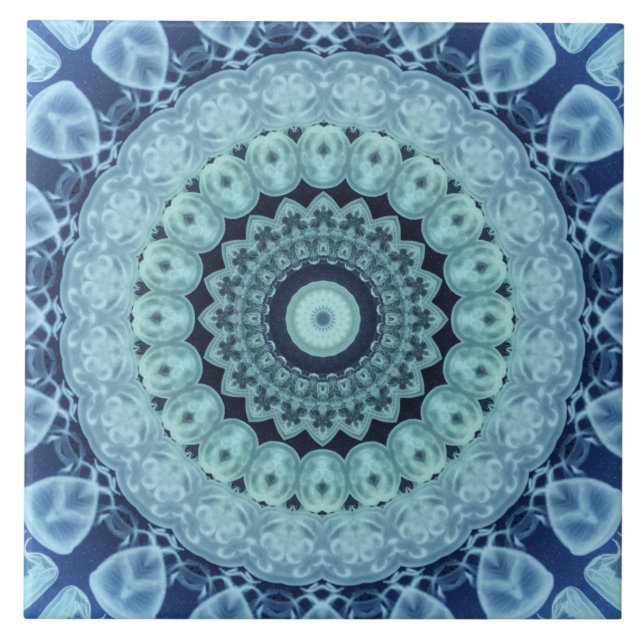 Blue Jellyfish Mandala Ocean-Inspired Symmetry Kakelplatta (Framsidan)