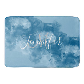 Blue Jewel Tone Watercolor Monogram Namn Badrumsmatta