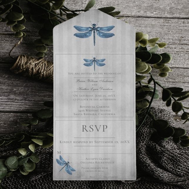 Blue Jeweled Dragonfly Bröllop (Blue Jeweled Dragonfly Wedding All in One Invitation)