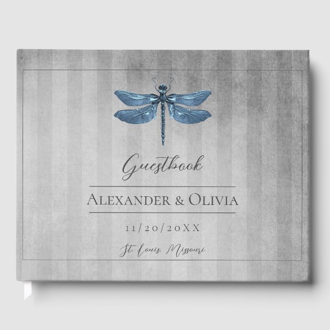Blue Jeweled Dragonfly Bröllop Gästböcker (Framsida)