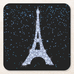 Blue Jeweled Eiffel Torn Underlägg Papper Kvadrat