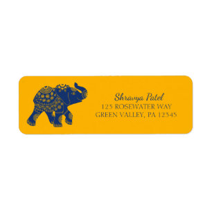 Blue Jeweled Elephant Gult Returadress Etikett
