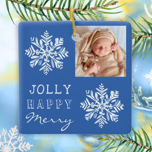 Blue Jolly Merry Snowflake Photo Jul Helgdag Julgransprydnad Keramik