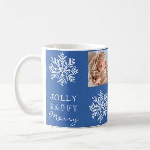 Blue Jolly Merry Snowflake Photo Jul Helgdag Kaffemugg
