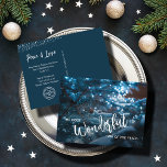 Blue Julgran Business Logotyp Helg Vykort<br><div class="desc">Ett vackert Julgran som är täckt av snö återspeglar kvällens blå ljus och har "Den underbara tiden på året" på framsidan av dessa vykort för helgdag och din personliga Julhälsningar och logotyp på baksidan.</div>