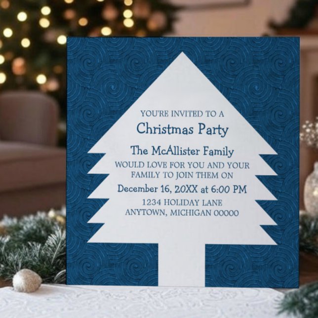 Blue Julgran Swirls Party Inbjudan (Blue Christmas Tree Swirls Party Invitation)