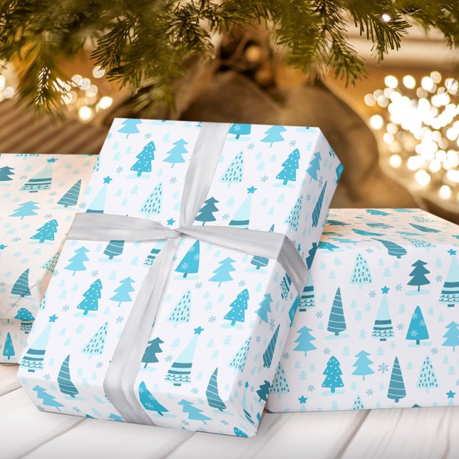 Blue Julgranar Modern jul Presentpapper (Blue Christmas trees Christmas wrapping paper)
