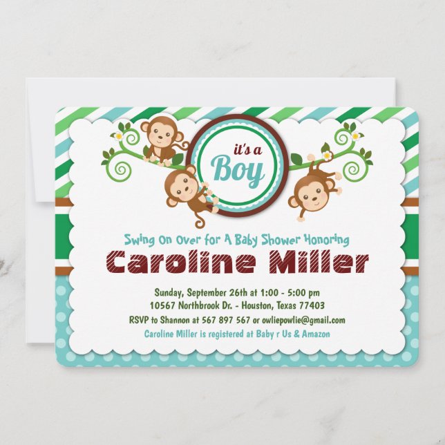 Blue Jungle Monkey Safari Animal Boy Shower Inbjudningar (Framsida)