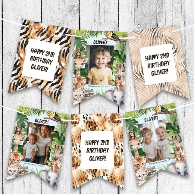 Blue Jungle Safari Animals Mönster Birthday Photo Vimplar (Safari Themed, Jungle Animals Any Age Birthday Photo Bunting flags for any age.)