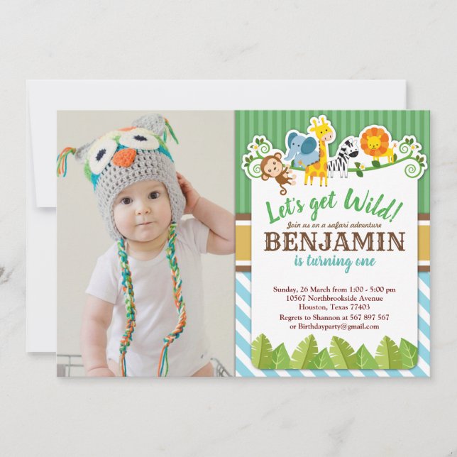 Blue Jungle Safari Zoo Animal Birthday Photo Inbjudningar (Framsida)