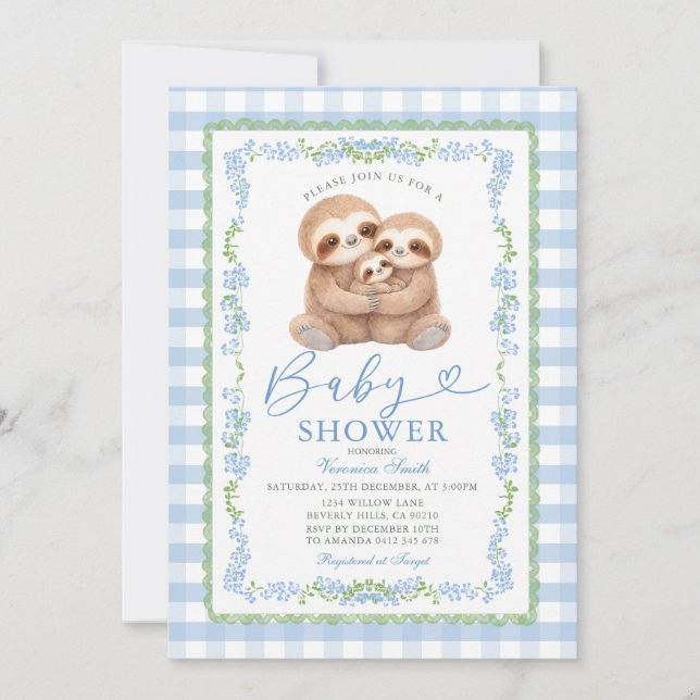 Blue Jungle Watercolor Sloth Baby Shower Inbjudningar (Framsida)