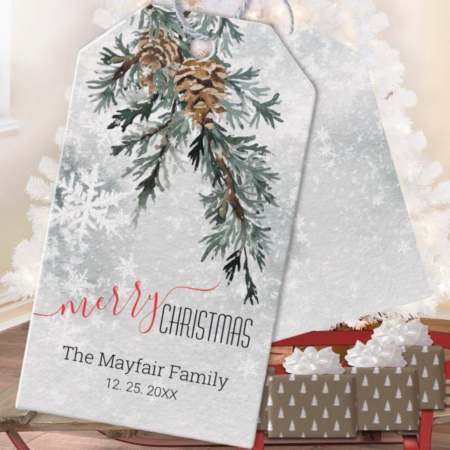 Blue Juniper Bough Gräs Cones Snowy Woodland Presentetikett (Blue Juniper Bough Pine Cones Snowy Woodland Christmas Holiday Gift Wrapping Name Tag
)