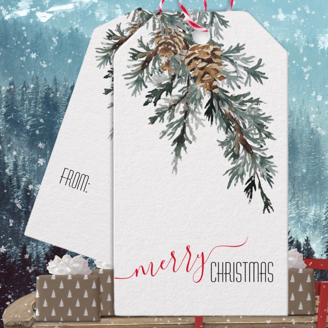Blue Juniper Gren Cones God jul Presentetikett (Blue Juniper Branch Cones Merry Christmas Holiday Gift Wrapping Name Tag
)