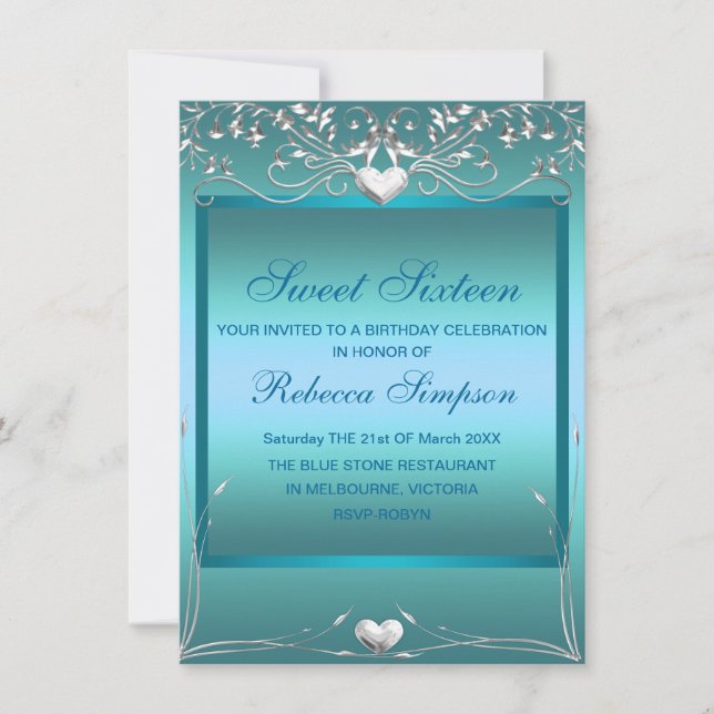 Blue Kärlek Heart Sweet 16 Birthday Inbjudan (Framsida)