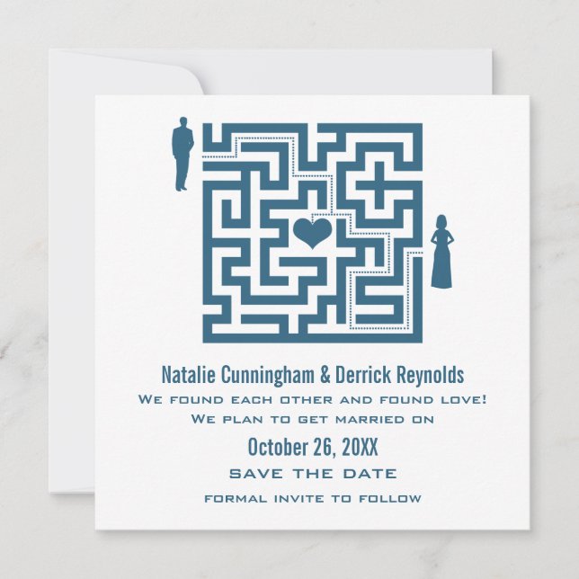 Blue Kärlek Maze Save Date Inbjudan (Framsida)