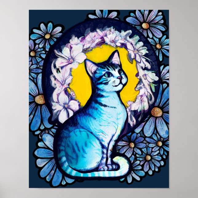 Blue Kattunge Halo Mucha Stil Blommigt Poster (Framsidan)