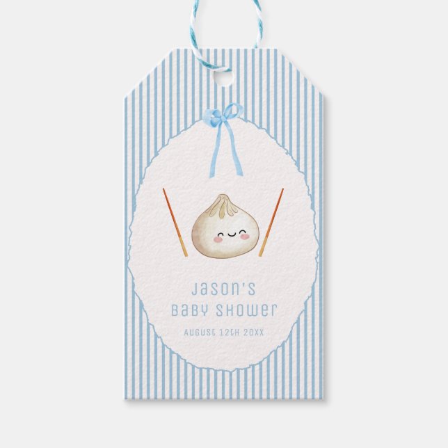 Blue Kawaii Boy Bow Asian Dumpling Baby Shower  Presentetikett (Framsidan)