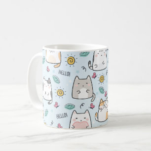 Blue Kawaii Cute Cats Hej Mönster Kaffemugg